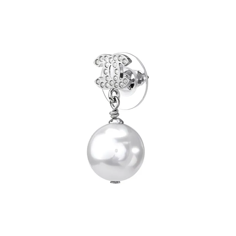 CHANEL Cc Drop Earrings Crystal Pearl Silver-2
