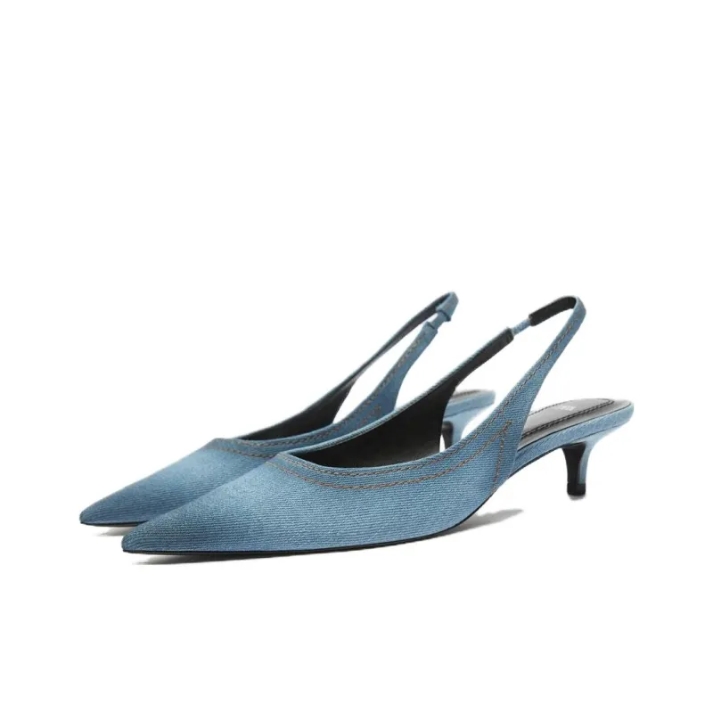 ZARA Cone Heel High Heels 4cm Women's Blue Denim-1