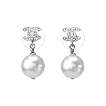 CHANEL Cc Drop Earrings Crystal Pearl Silver