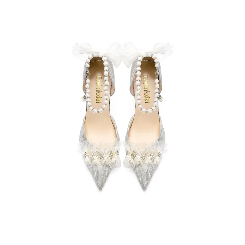 Crelinkxlat [Glaze Starlight]Pearl Bowknot, Crystal Shoes Wedding Shoes High Heels, Women's-12