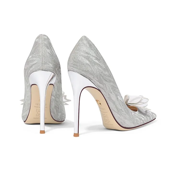 Holy Rose Pointed Toe Bowknot Wedding Shoes Slim Heel High Heels Women's Silver-3