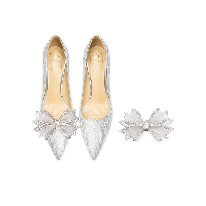 LOLY Fairy Style Bowknot Crystal Wedding Shoes Slim Heel High Heels Silver-2