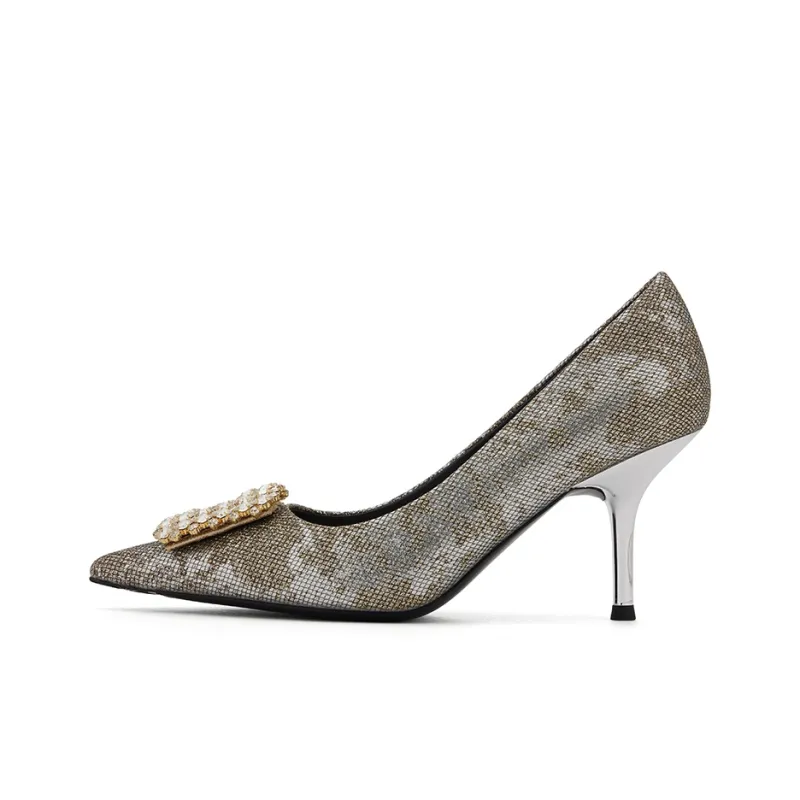 73Hours Golden Years Box Slim Heel High Heels 8cm Women's Gold Silver-1