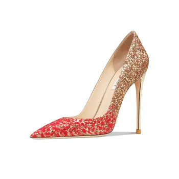 Suyymakk Slim Heel High Heels Women's Red Velvet Sequins