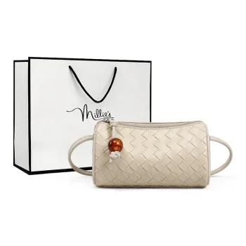 MILLIE'S Cow Leather With Synthetic Leather Cylinder Bag, Shoulder Bag, Crossbody Bag Regular Women's Ecru/Silver