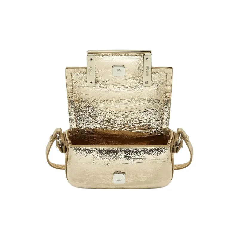 FENDI Baguette Lambskin One Shoulder Handbag Extra Mini Women's Gold-4