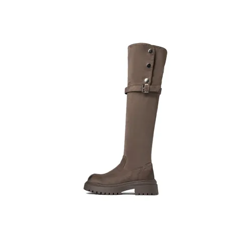 JOSINY Fleece-Lined Platform Boots With Two Straps Knee-high Boots 5cm Women's Black