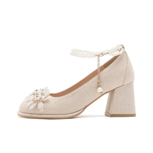 Take The Qin Chunky Heel High Heels 5CM Women's Champagne