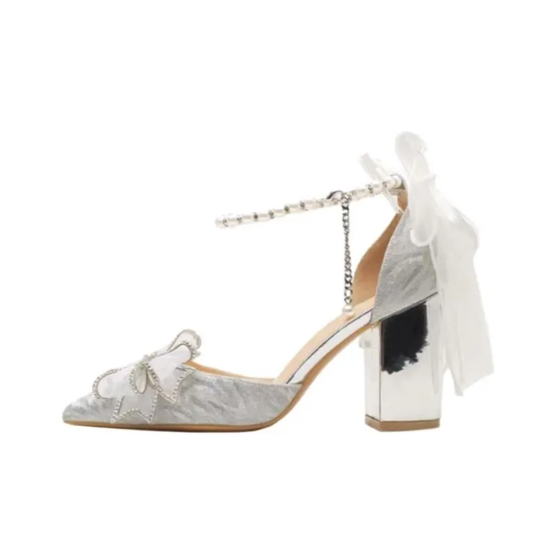 HKCP Chunky Heel High Heels 6cm Women's Silver-0