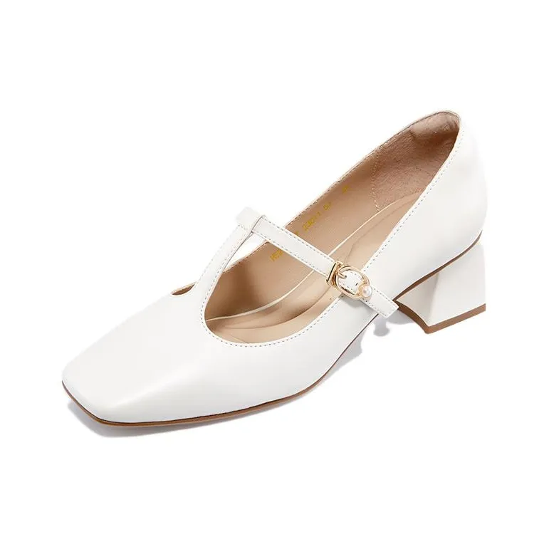 HARSON Block Heel High Heels 5.3cm Women's Pearl White-1