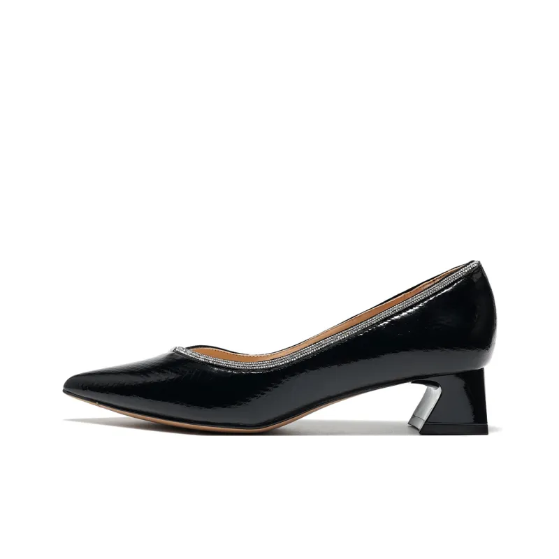 ST&SAT Chunky Heel High Heels Shallow V-Shaped Unlined Shoes 4cm Women's Black 2024 Spring And Summer New Arrival-0