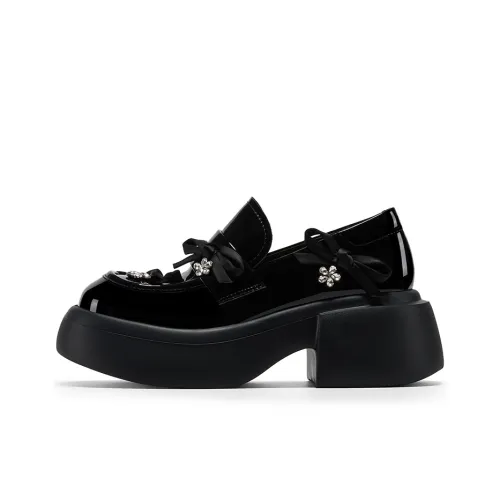 GG-CC Rhinestone Millennium Style Mini Leather Shoes Chunky Heel British Platform Loafers 7cm Women's Black
