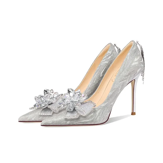 LOLY Fairy Style Bowknot Crystal Coming-of-Age Ceremony Wedding Shoes Slim Heel High Heels Silver-1