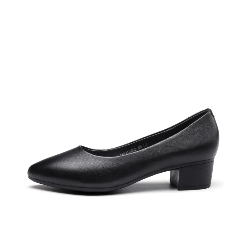 Strongman 3515 Women's Genuine Leather Low Vamp Unlined Shoes Chunky Heel Commute Small Leather Shoes-0