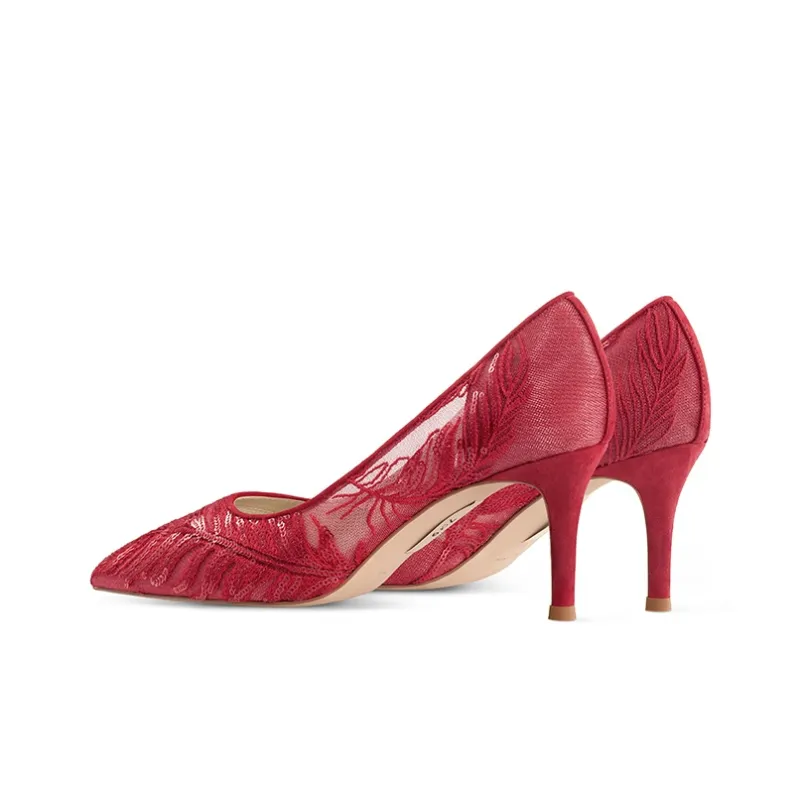 7or9 Red Coral Slim Heel Wedding Bride Air Cotton High Heels 7cm Women's Red-2