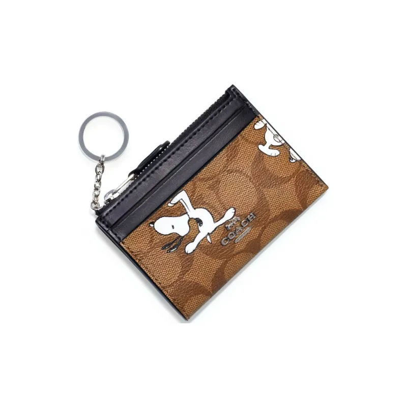COACH Peanut Collaboration Mini Id Skinny Canvas Leather Wallets Card Holders Mini Women's Khaki Brown-1