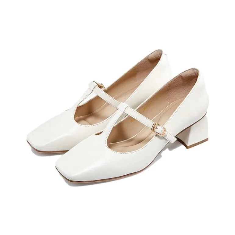 HARSON Block Heel High Heels 5.3cm Women's Pearl White-2