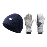 Knitted Hat (Blue)+Ski Glove (Light Gray)