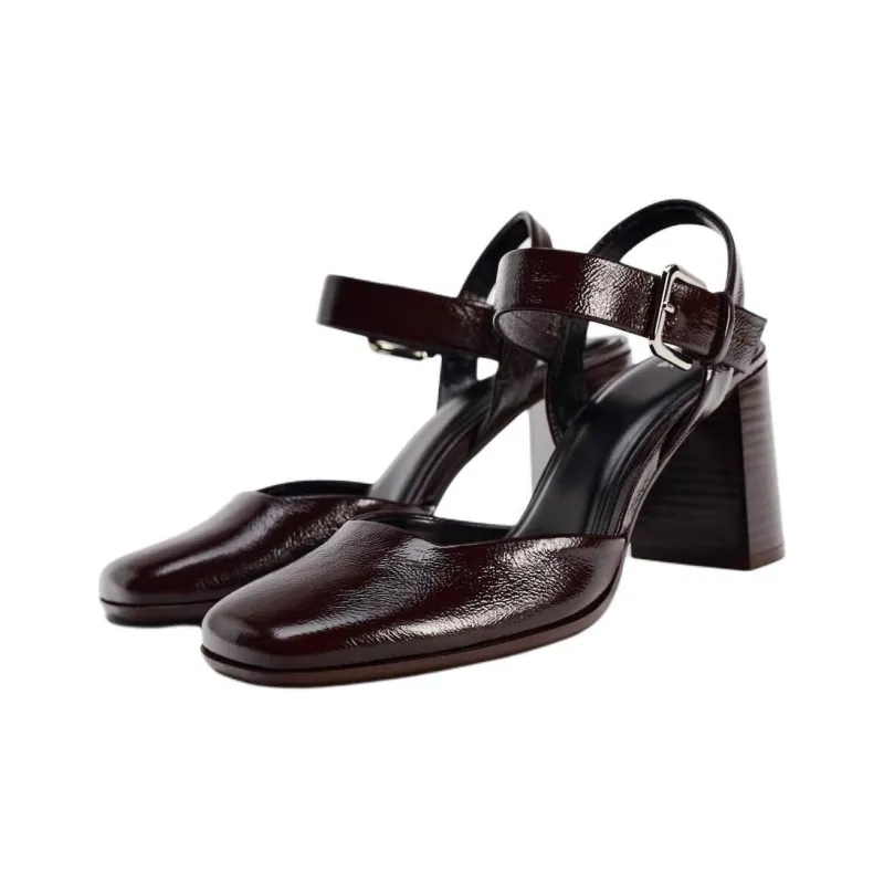 ZARA Chunky Heel High Heels Women's Burgundy-2