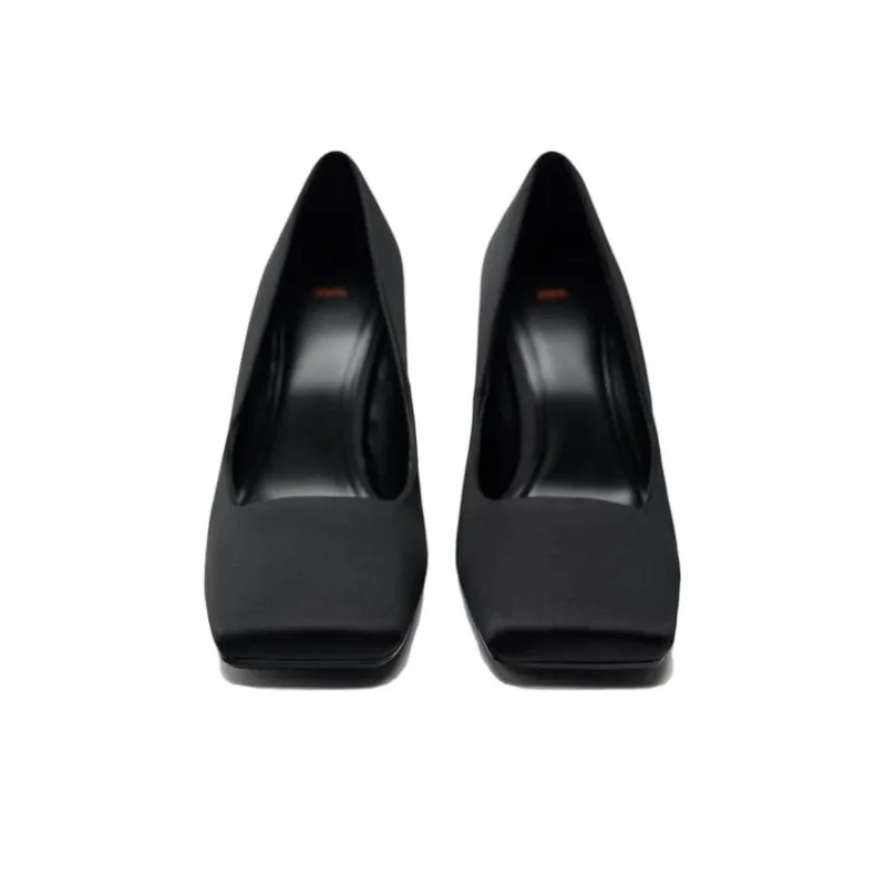 ZARA Chunky Heel High Heels 9cm Women's Black-2