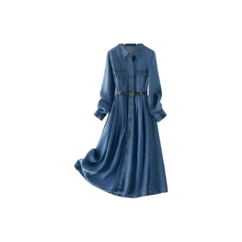 IHIMI Long Sleeved Dresses Women's Vintage Denim Light Blue