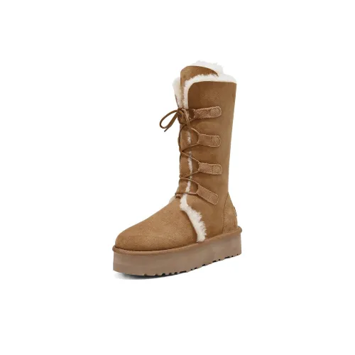 BOSSSUNWEN Thermal Abrasion Resistant Height Increasing Crew Snow Boots 3.5CM Women's Chestnut