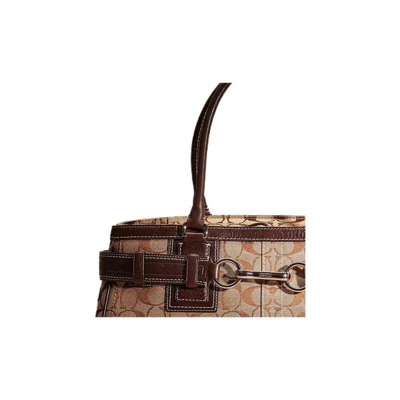 COACH Hamptons Fabric With Leather Tote Bag Shopping Bag Handbag Large Size Women's Khaki/Chestnut-2