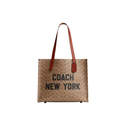 COACH Relay Artificial Leather With Cow Leather Tote Bag Shopping Bag Shoulder Bags Large Size Men's Brown Yellow