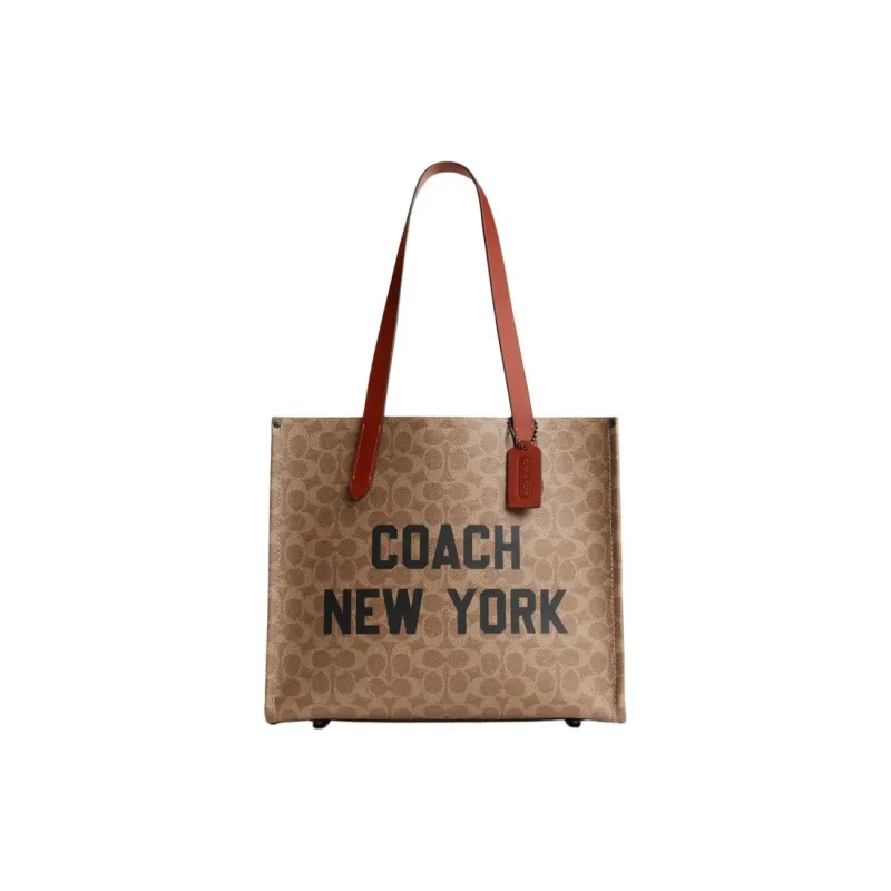 COACH Relay Artificial Leather With Cow Leather Tote Bag Shopping Bag Shoulder Bags Large Size Men's Brown Yellow-0