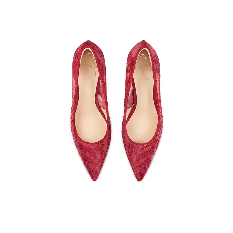 7or9 Red Coral Slim Heel Wedding Bride Air Cotton High Heels 7cm Women's Red-3