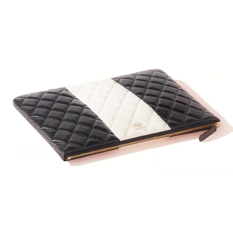 CHANEL Lambskin Clutch Women's Black White-2