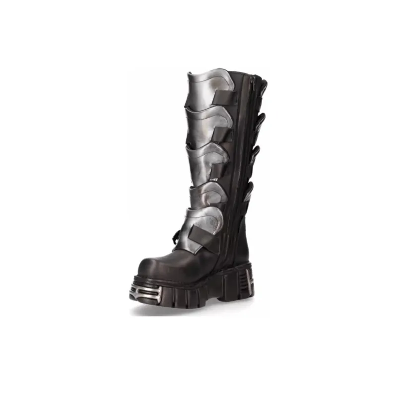 NEW ROCK Knee-high Boots 6cm Unisex Silver Black-2