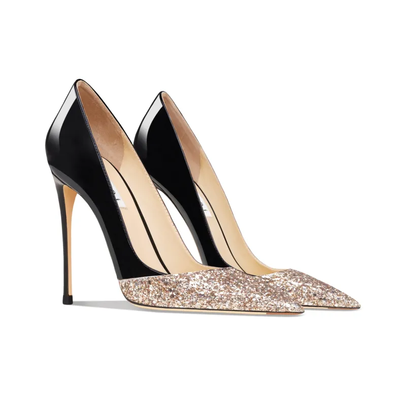 Suyymakk High Heels Women's Patchwork Sequins Gold & Black-2
