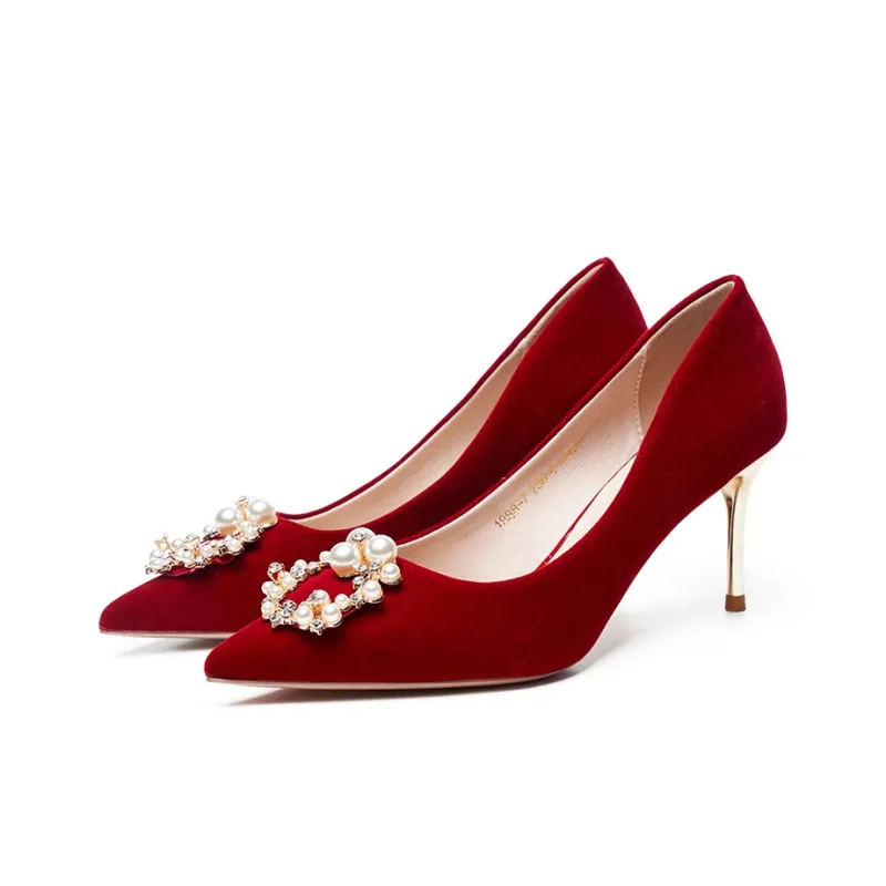 AOKANG Slim Heel High Heels Red-2