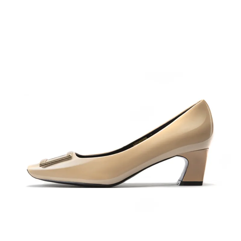NINE WEST Chunky Heel High Heels Heel Height 5CM Women's Apricot Black Ecru-0