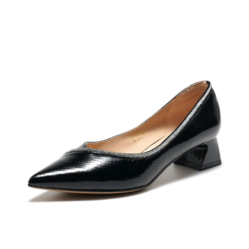 ST&SAT Chunky Heel High Heels Shallow V-Shaped Unlined Shoes 4cm Women's Black 2024 Spring And Summer New Arrival-1