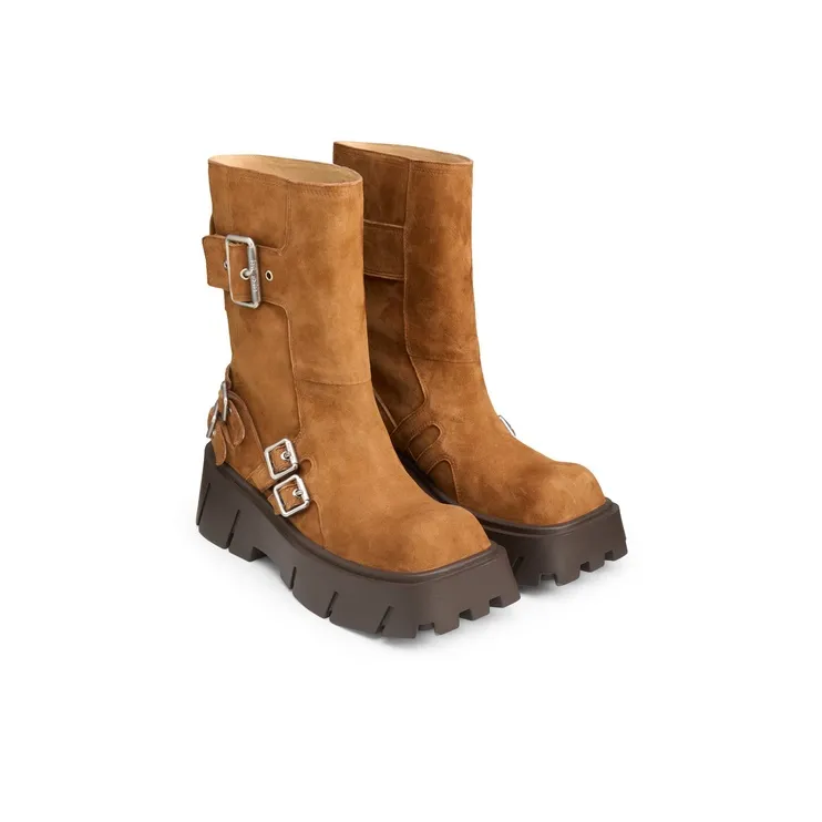 Lost In Echo Brown Square Toe Wide-Calf Platform Biker Ankle Boots Crew Boots-5