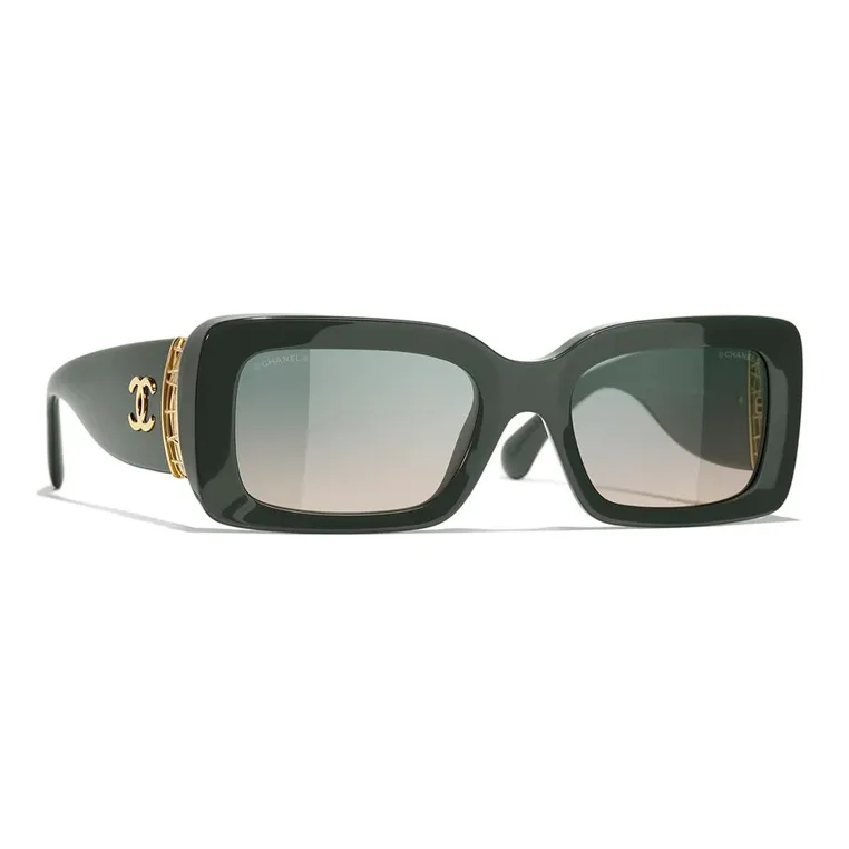 CHANEL Acetate Metal Rectangular Sunglasses Women's Green-1
