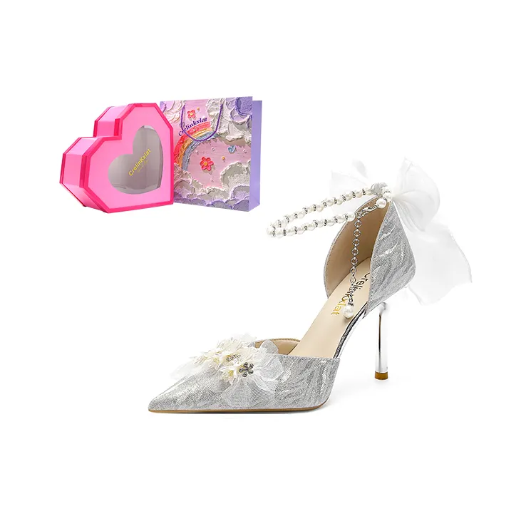 Crelinkxlat [Glaze Starlight]Pearl Bowknot, Crystal Shoes Wedding Shoes High Heels, Women's-20