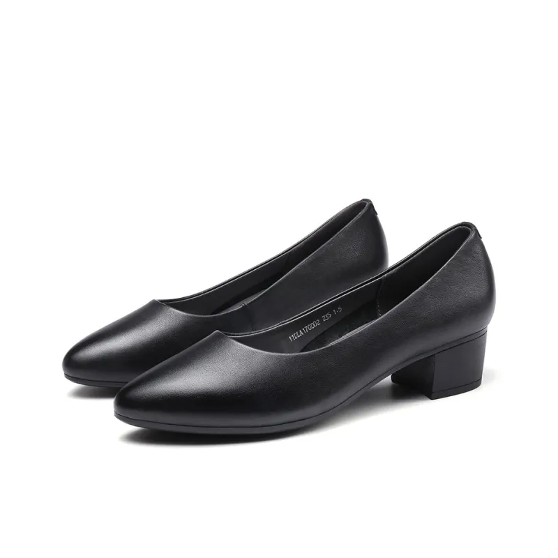 Strongman 3515 Women's Genuine Leather Low Vamp Unlined Shoes Chunky Heel Commute Small Leather Shoes-4