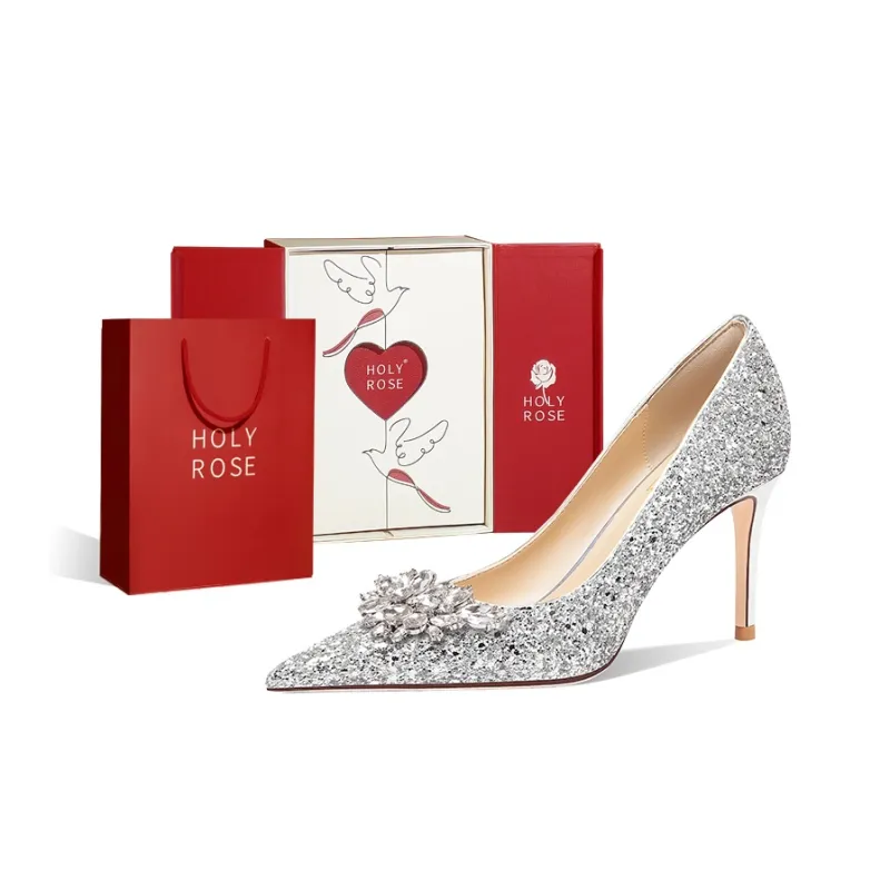 Holy Rose The Joy Of The Heart Slim Heel Birthday High Heels Women's Silver-0