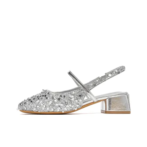 EBLAN Chunky Heel High Heels Women's Silver