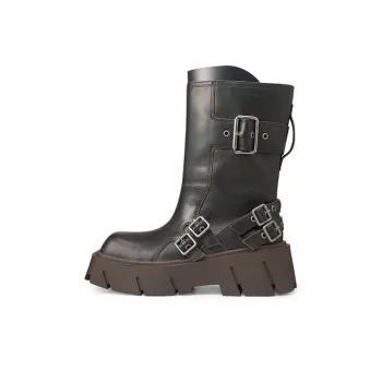Lost In Echo Brown Square Toe Wide Calf Platform Biker Ankle Boots Crew Boots