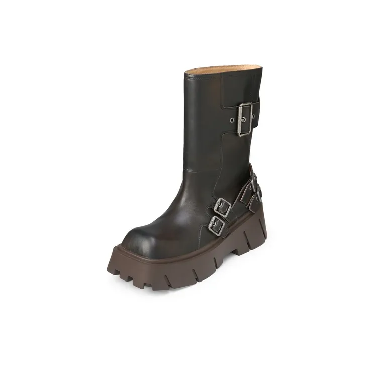 Lost In Echo Brown Square Toe Wide-Calf Platform Biker Ankle Boots Crew Boots-1