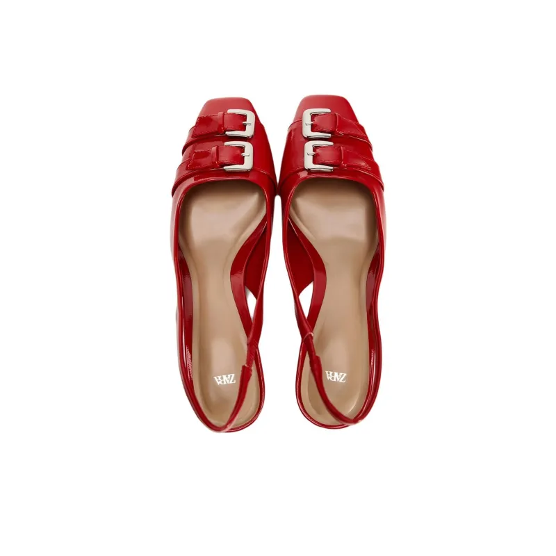 ZARA Chunky Heel High Heels Women's Red-2