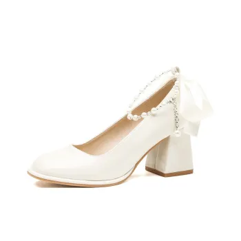 HKCP Chunky Heel High Heels 7cm Women's Ecru