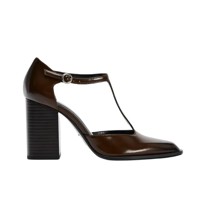 ZARA Chunky Heel High Heels 9cm Women's Brown-1
