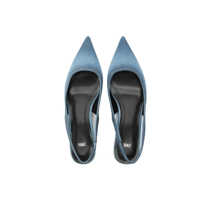 ZARA Cone Heel High Heels 4cm Women's Blue Denim-2