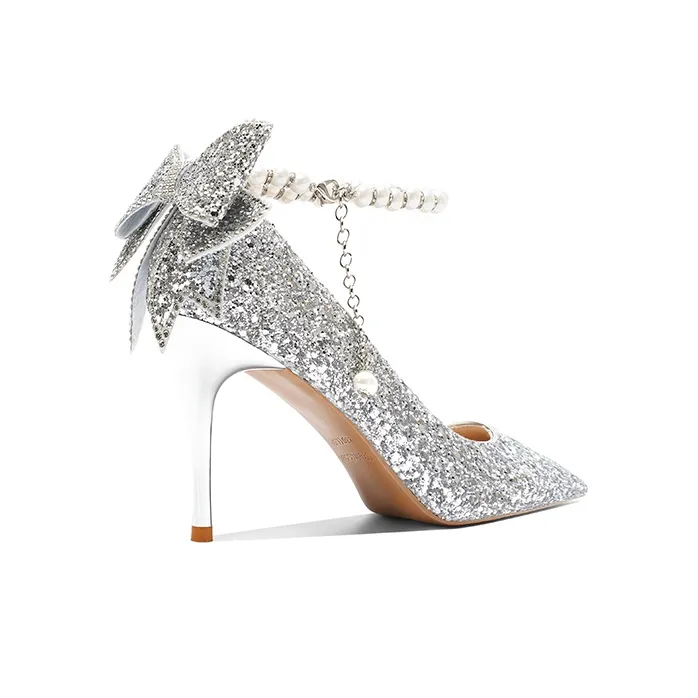 Crelinkxlat French Fairy Soft Pointed Toe Elegance Evening Princess Crystal Slim Heel High Heels Women's-16