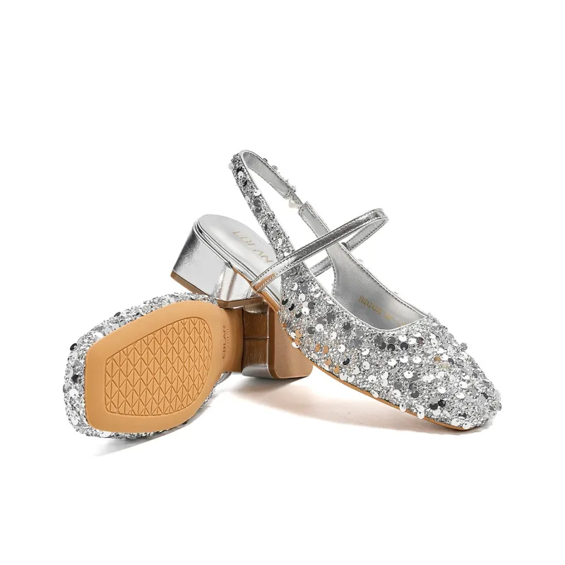 EBLAN Chunky Heel High Heels Women's Silver-3
